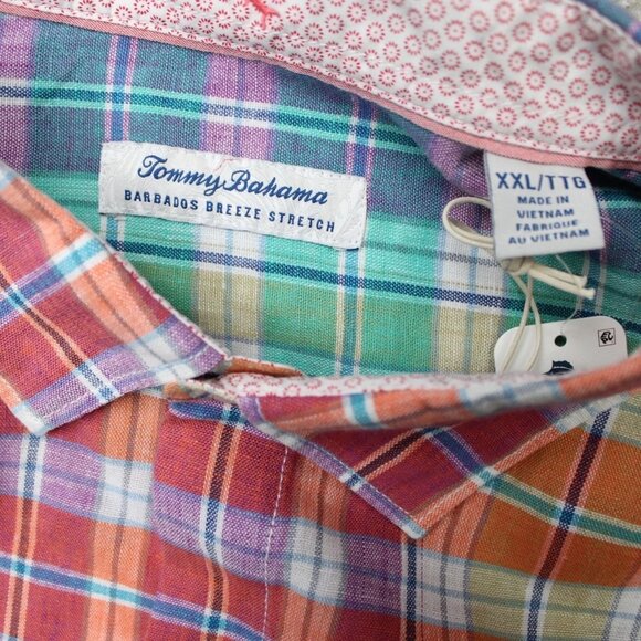 Tommy Bahama Barbados Breeze Stretch Linen Shirt Mens XXL Peach Melt Plaid - Picture 7 of 7